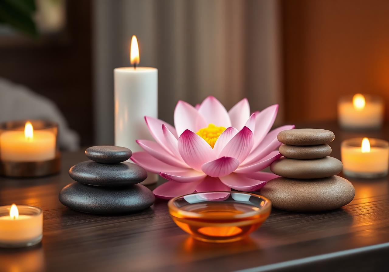 Lotus, Kerzen und warme Steine