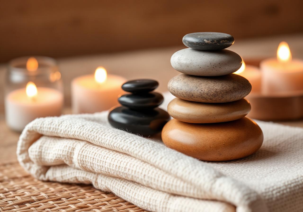 Gestapelte warme Massagesteine auf einem cremefarbenen Tuch